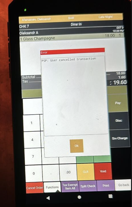 A handheld payment error screen